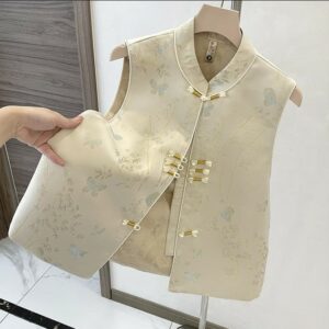 無袖織錦背心附鈕扣裝飾